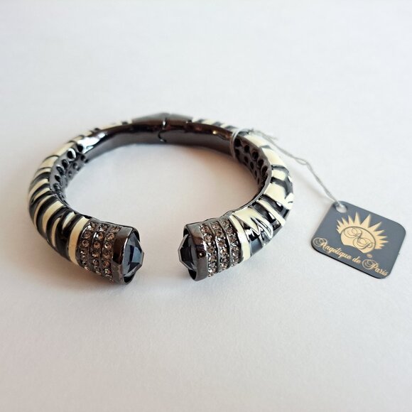 NEW Angelique De Paris Zebra Black and White Enamel Bangle Cuff Bracelet - Picture 1 of 15